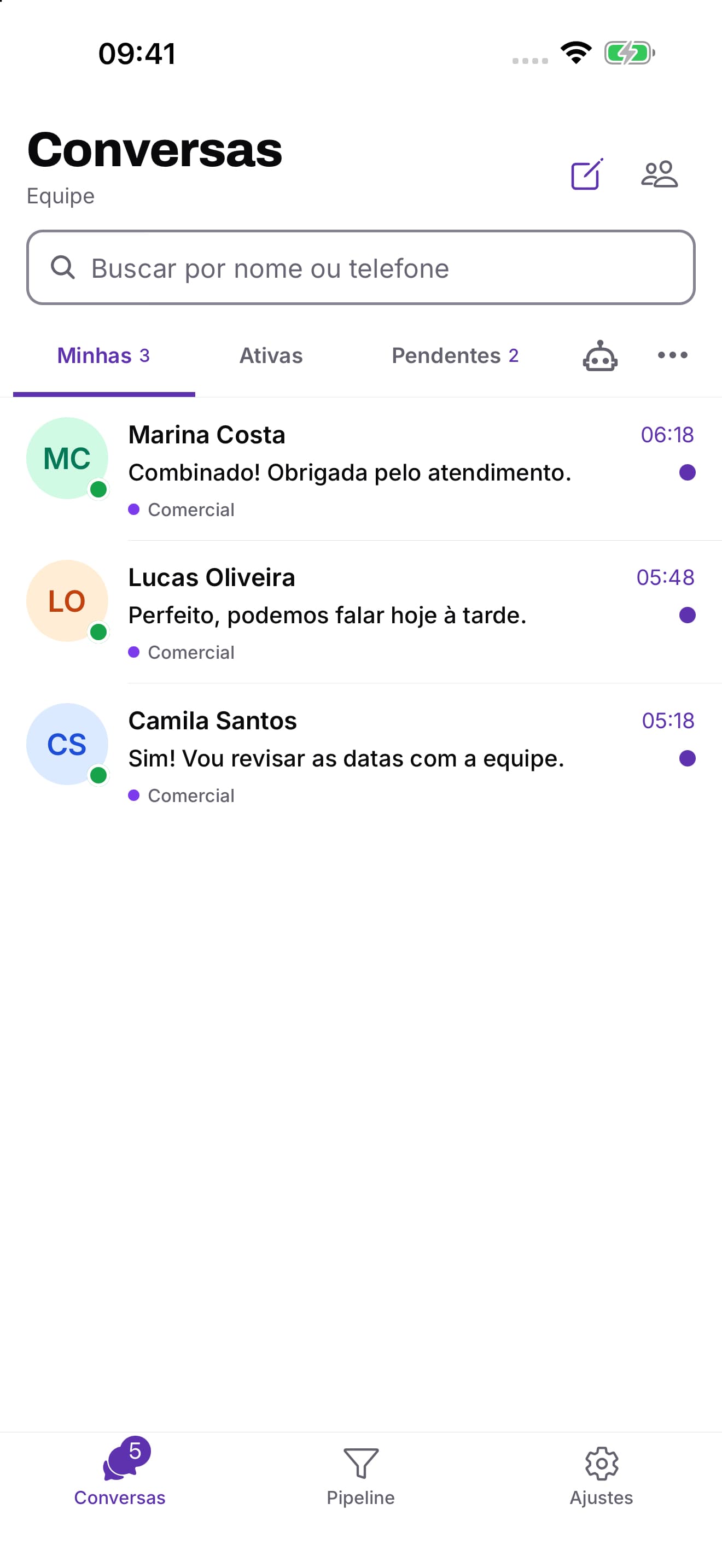 Caixa de conversas do Duosis CRM no celular