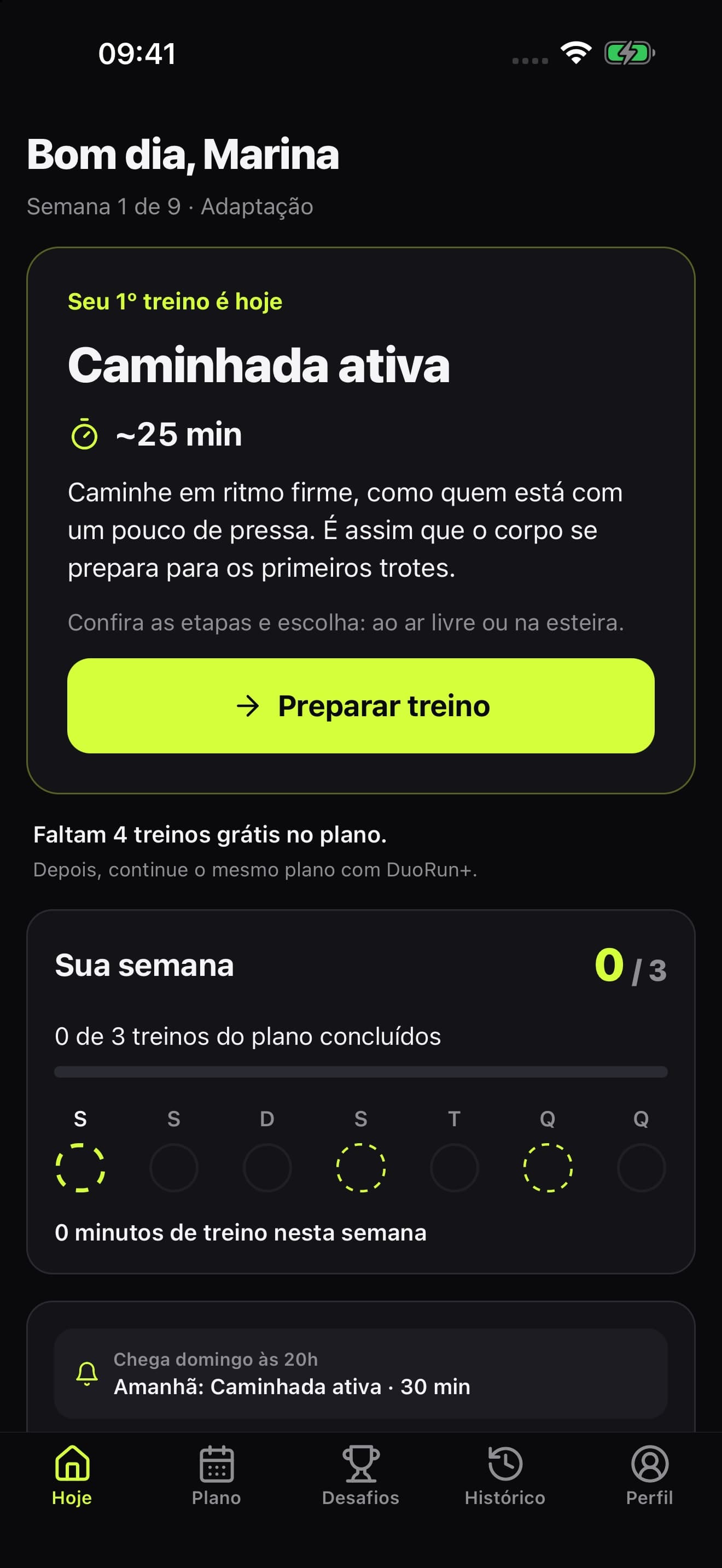 DuoRun: treino do dia, progresso da semana e lembrete de caminhada